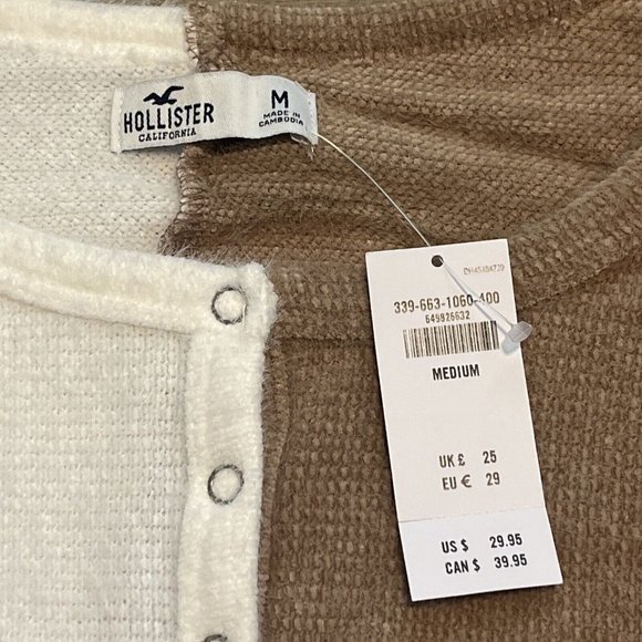 Women's Hollister Henley Sweater SZ Medium Color Block Tan White Soft Fuzzy - Picture 4 of 11
